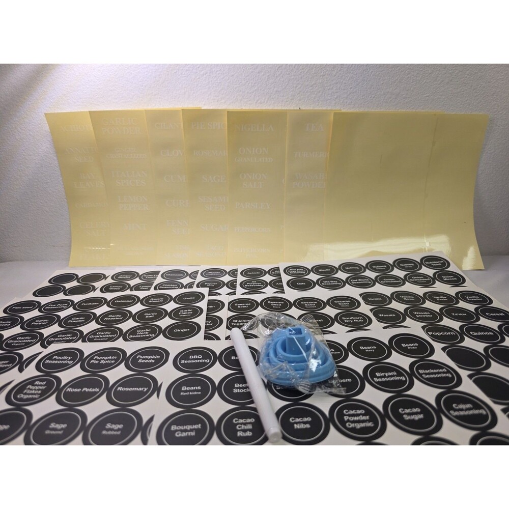 547 Preprinted Spice Jar Labels Set Round Black Stickers Transparent
